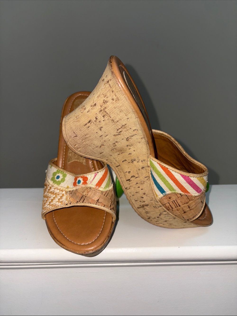 Striped Multi-Color Cork Wedge Slide Sandals